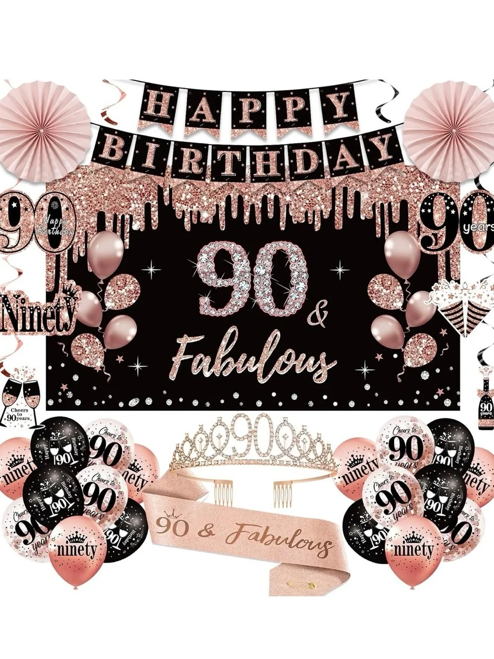 90 & Fabulous Rose Gold Birthday Party Decor Set by